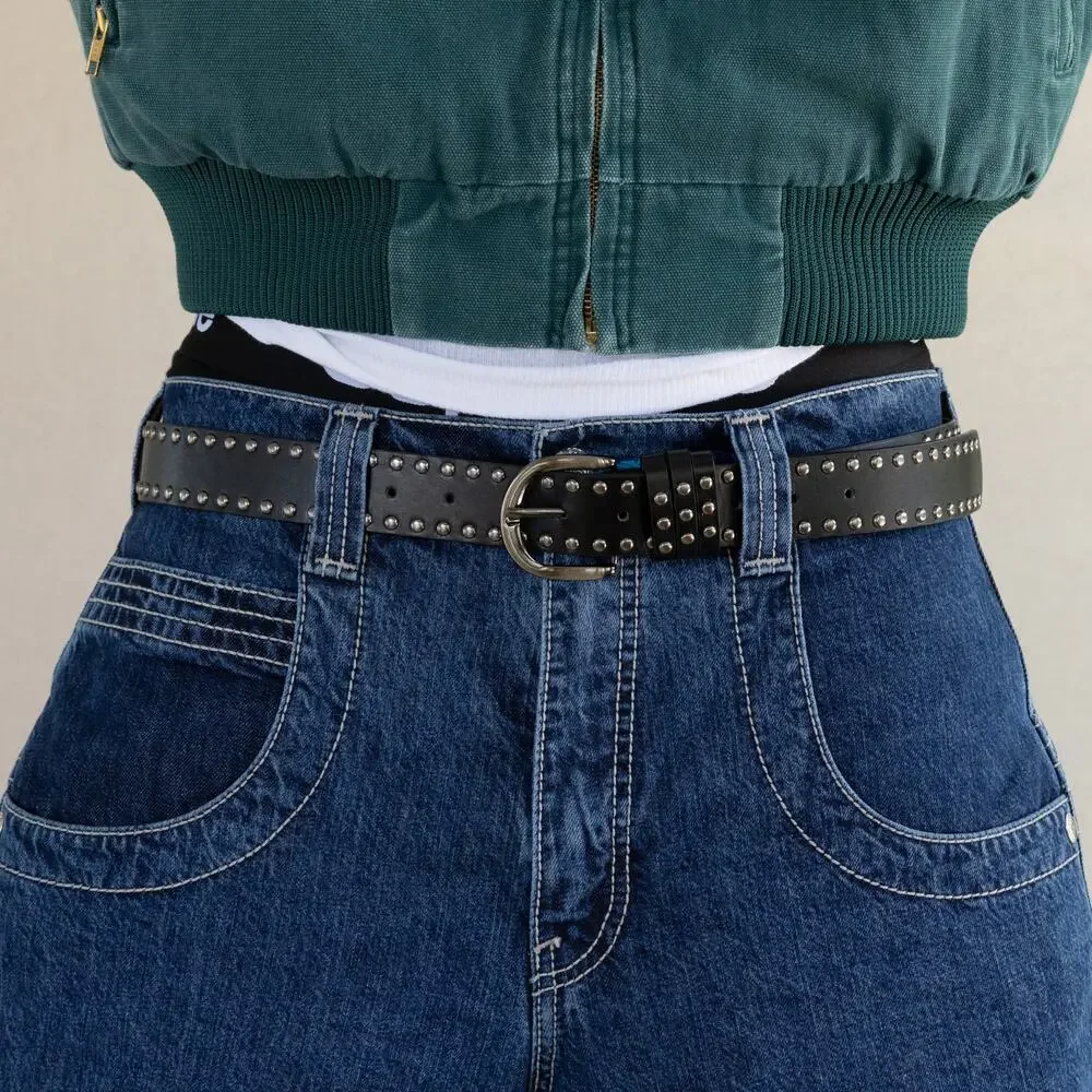 Vintage Black Studded Leather Belt Triple Row Silver Studs Y2K Streetwear Unisex